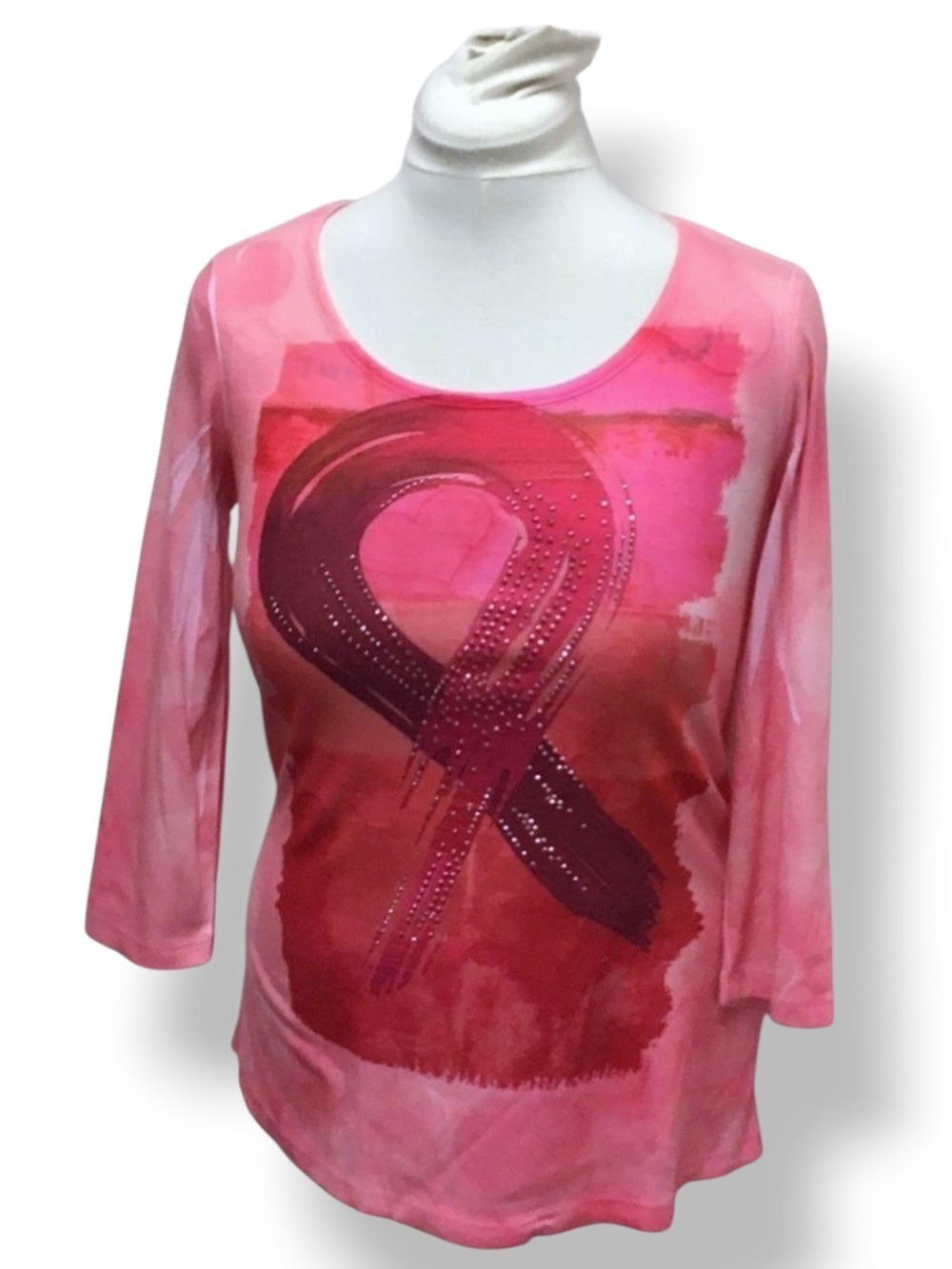 One World Women’s 3/4 Sleeve Scoop Neck Breast Cancer Awareness Top, Pink